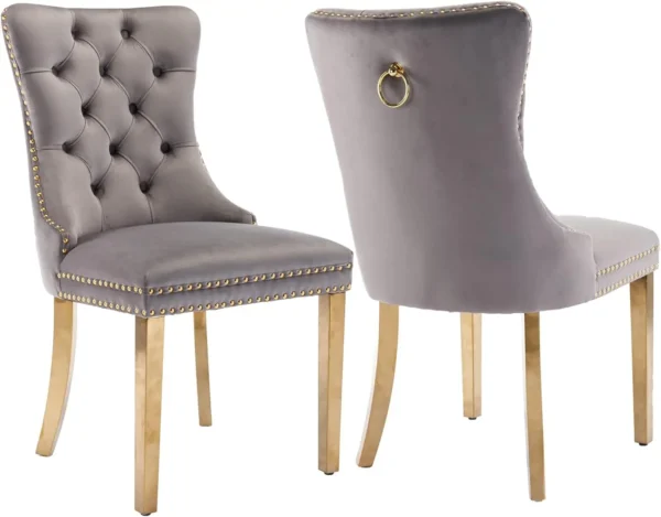Grey Velvet Dining Chairs Set of 2 Upholstered Dining Room Chairs Back Ring Pull Trim and Golden Stainless Steel Legs(Grey)