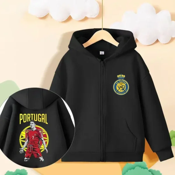 Football star Ronaldo, children's hoodie, zip up shirt, casual and fashionable style for boys and girls aged 3-14