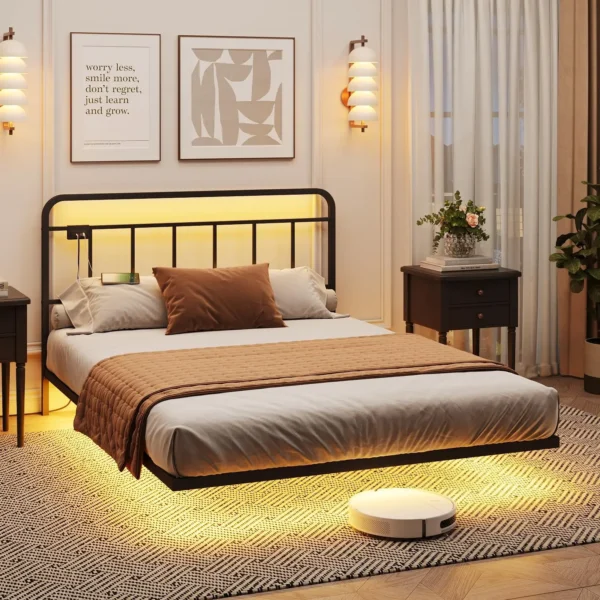 Vabches Floating Queen Size Bed Frame with LED Lights&Power Outlet Metal Platform Bed Frame with Headboard No Box Spring Needed