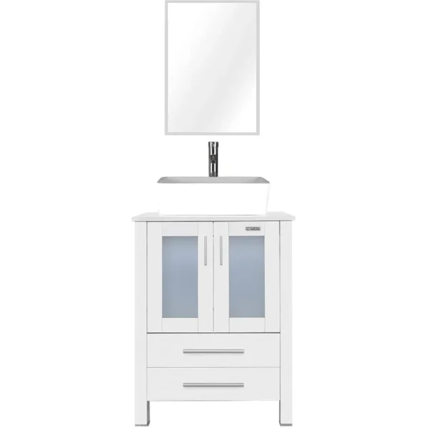 24" Modern Bathroom Vanities Sink Combo White Stand Cabinet with White Rectangle Ceramic Vessel Sink & Water Save Faucet