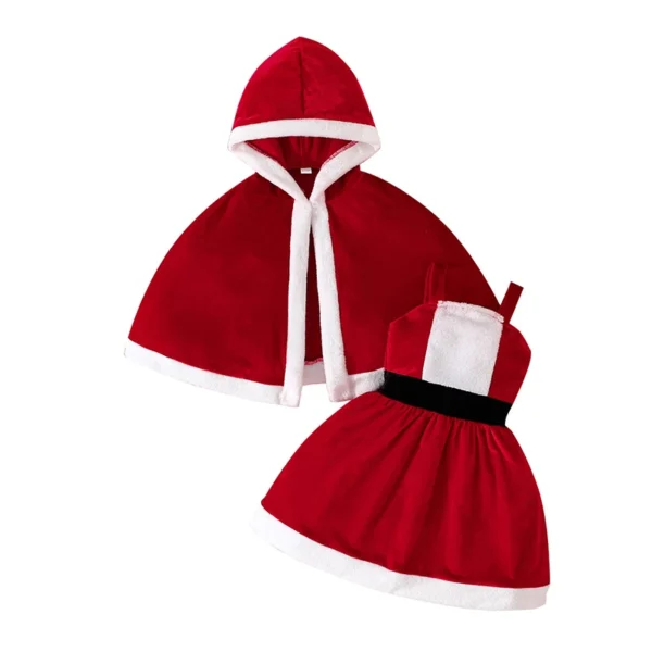 Girls Christmas Outfit Set with Santa Terry Trim Sleeveless A-Line Dress and Hooded Cloak - Festive Holiday Clothing for Kids