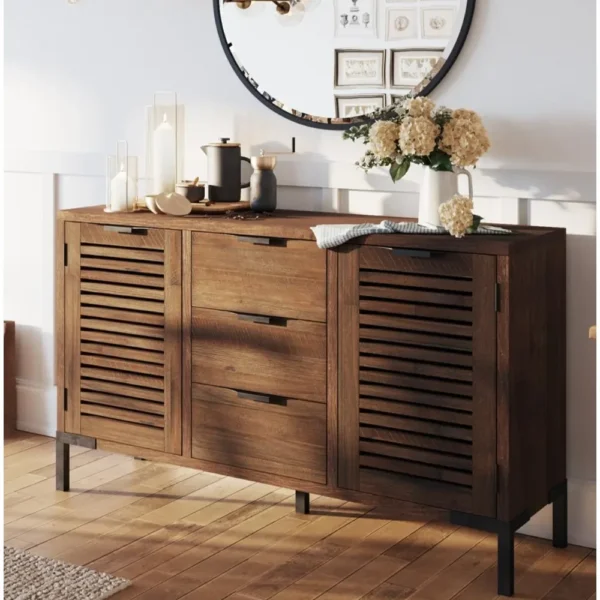 Bme Millie Premium Solid Wood Sideboard Storage Cabinet with Storage, Pre-Assembled with 3 Drawers & 2 Doors, Adjustable Shelves