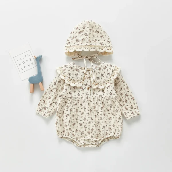 Autumn Newborn Infant Baby Girls Romper +hat Muslin Lapel Floral Rompers Kids Onepiece Fashion Baby Clothing