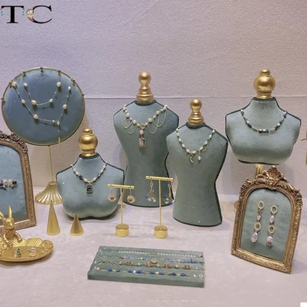 Mint Green Flannelette Display Stand Jewelry Store Window Necklace Model Neck Seat Headpiece Display Stand Metal Earring Stand