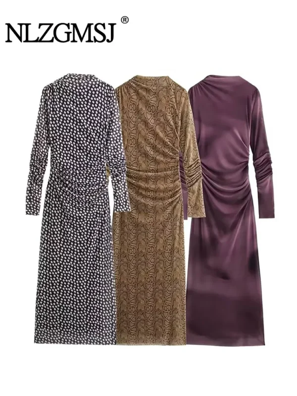 TRAF 2024 Print Tulle Dress Woman Pleated Long Dresses For Women Fashion Long Sleeve Bodycon Midi Dresses Women's Party Dress