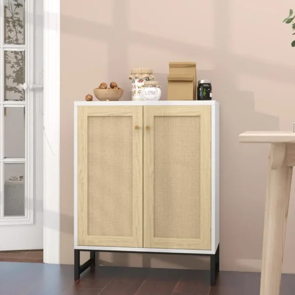 Rattan Decorated 2 Doors Storage Cabinet Accent Cabinet Living Room Cupboard Kitchen Sideboard Buffet Table (White)