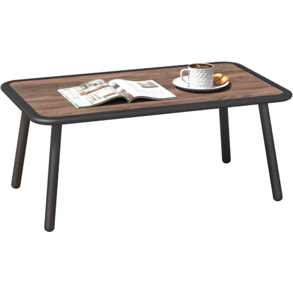 Small Rectangle Metal Outdoor Side Coffee Table for Outside Patio, Wood Look Top