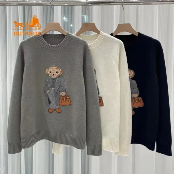 2025 New Autumn and Winter Cardigan Bear Embroidery Round Neck 100% Cashmere Pullover Knitted Women's Warm Sweater