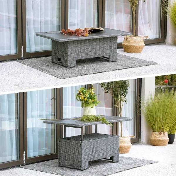 Outdoor Coffee Dining Table Wicker, Adjustable Slat Lift Top, Picnic, Storage Shelf for Backyard Lawn Balcony Deck Grey