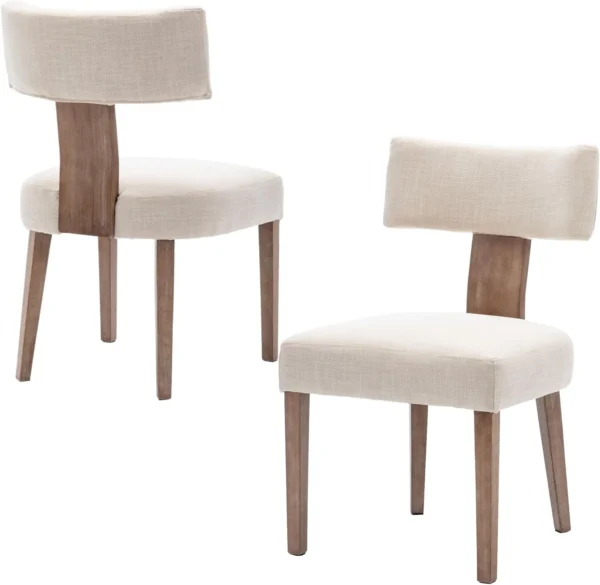 Modern Dining Chairs Set of 2, Comfy Upholstered Side Chairs with Wood Legs, Linen Fabric Dining Chairs with Curved Wingback for