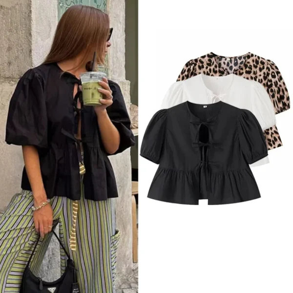 HXAO Women's Shirt Summer 2024 Shirts & Blouses White Black Leopard Shirt Frill Loose Fit Top Short Sleeve Crop Lace-Up Blouses