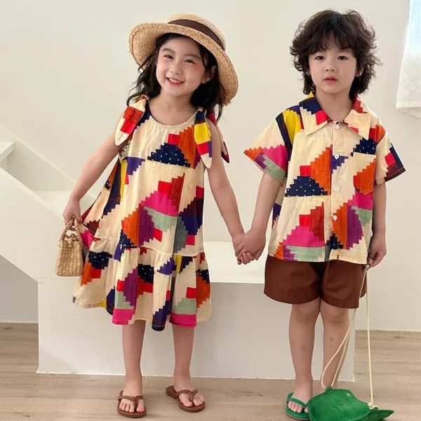 Vacation Style Children's Clothes Boys' Lapel Shirt Shorts 2pcs Girls' Colorful Print Sleeveless Dress Siblings Summer Outfit