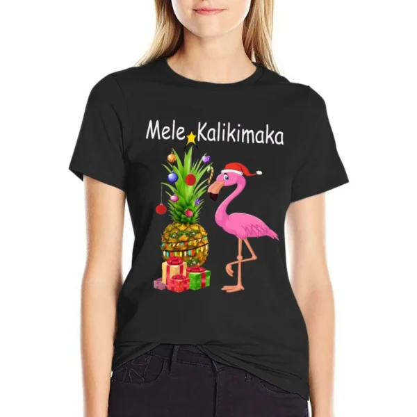 Mele Kalikimaka Flamingo Decorate Pineapple Christmas Hawaiian Hawaii T-Shirt vintage Blouse cropped t shirts for Women