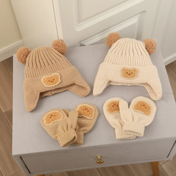 Cute Bear Pompom Baby Hats Gloves Set Cartoon Winter Knit Beanie and Mittens for Girls Boy Crochet Weather Caps Baby Accessories