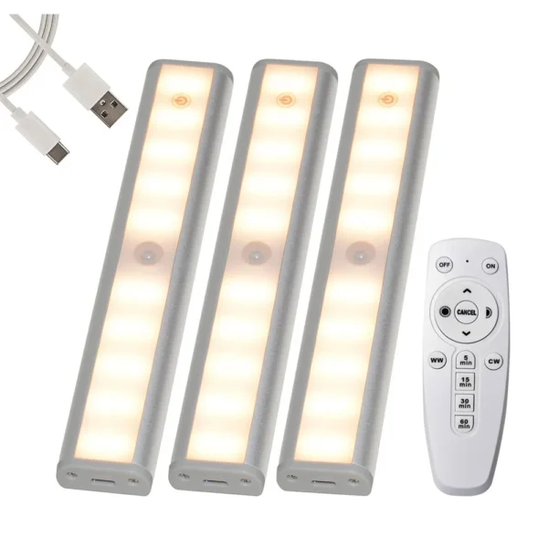 Wireless Under Cabinet Light 20 Leds &Remote Controller Touch Sensor Closet Lamp 3 Colors Changing Dimmable for Kitchen,Wardrobe