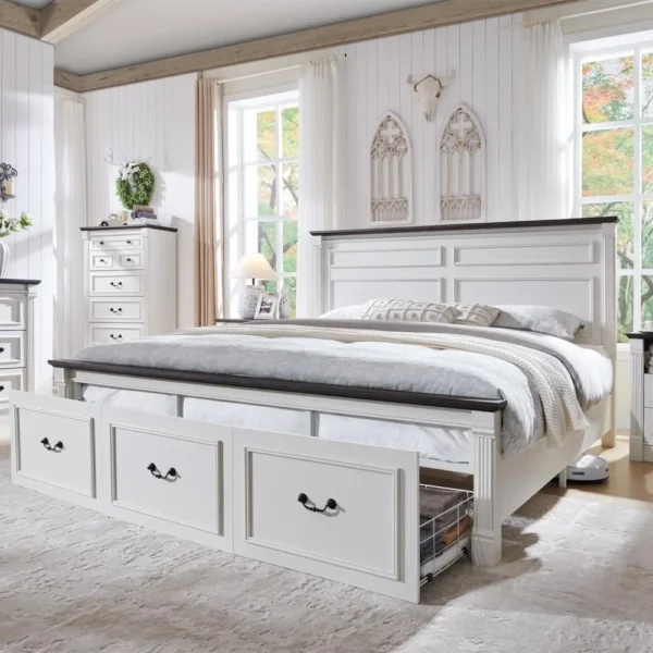 King Size Bed Frame with 51" Tall Headboard, Wood Platform Bed Frame with 20" Tall Roman Column Decoration Footboard