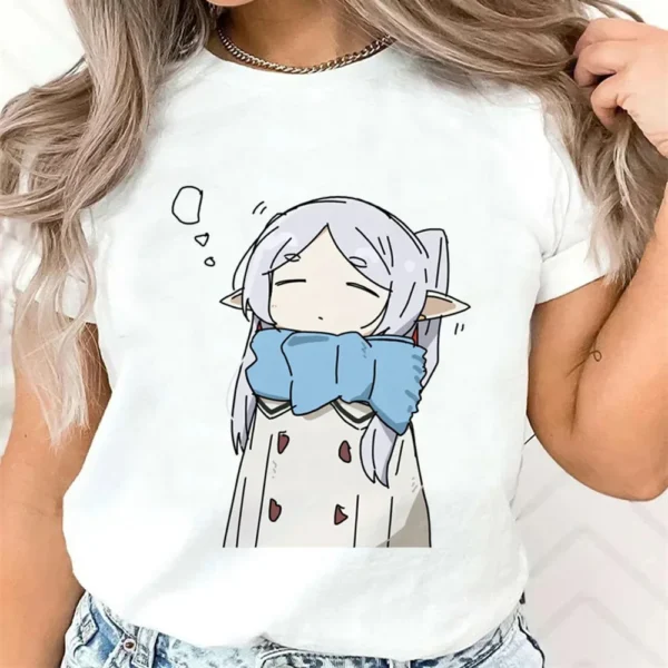 Cute Frieren Printed Women T-shirt Kawaii Anime Graphic Short Sleeve T Shirt Female Harajuku Unisex Clothing Tops Streetwear Tee