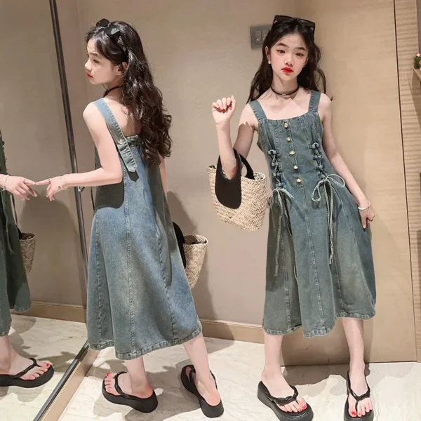 vintage baby girls denim dress summer Korean cowboy jeans suspender strap high waist bandage kids clothes vestidos 6 to 16 years