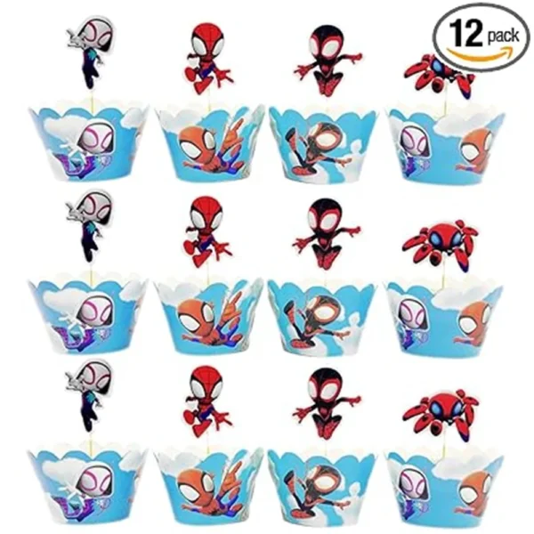 12pc Spidey Cupcake Topper and Cupcake Wrapper Picks Boy Children Spidey Party Decor Kid Birthday Spidey Party Decor Supplies