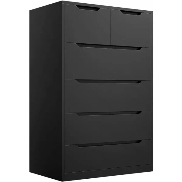 Bedroom dresser, black dresser with 6 wooden drawers, chest of drawers with smooth metal rails in wooden dresser
