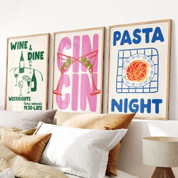 Trendy Coffee Cheers Print Posters Retro Wine Poster Pasta Night Food Print Painting Bar Cart Art Decor Maximalist Room Decor