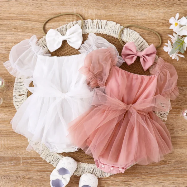 2PCS Summer Baby Girls 0-2 Years Old Baby Soft And Comfortable Net Color Two-Color Gauze Skirt Dress + Hijab