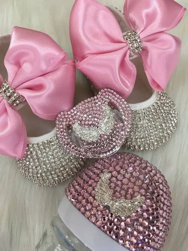 Dollbling Newborn Photography Baby Girl Royal Crown Personalized Gift Nursery Deco Bling Pink Rhinestone Shoes Headband Set